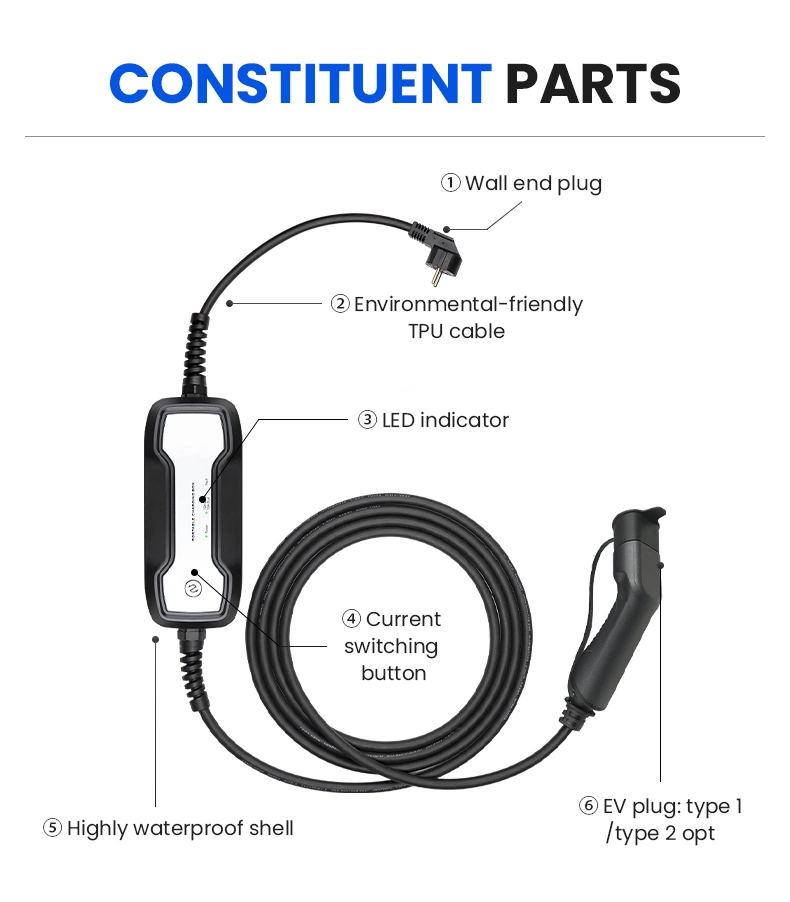 16A Type 1 SAE J1772 Portable EV Charger for Electric Car